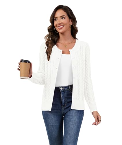 LILBETTER Womens Cable Knit Long Sleeve Crewneck Button Down Open Front Cardigan Sweater for Fall and Winter 20253