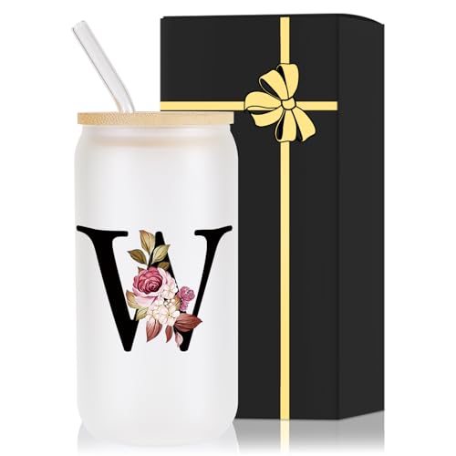 Wulcea Monogrammed Glass Drinking Cup With Lid Straw Women Men Teacher Christmas Music Dance Science Daycare Special Education Need English History Sunday School Spanish Autism Reading Gym Gifts,W