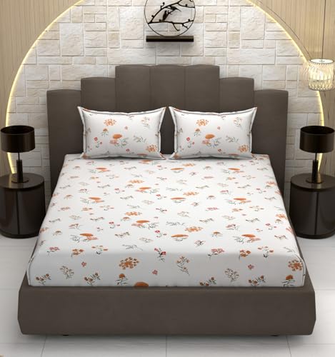 Image of Ezyption Cotton Super Soft 240 TC Elastic Fitted All Around Elastic Printed King Size Double Bed Bedsheet with 2 Pillow Cover 72 inch X 78 inch White Rust