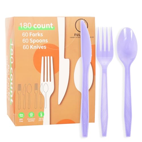 FULJOOY Plastic Silverware Heavy Duty Plastic Cutlery Set Heavyweight Disposable Flatware Includes Spoons Forks Knifes for Birthday Party Prom Night Wedding Dinner (1, Lavender 180)