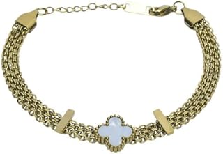 Stainless Steel Wide Bracelet With Clover Desing For Girl - Gold White