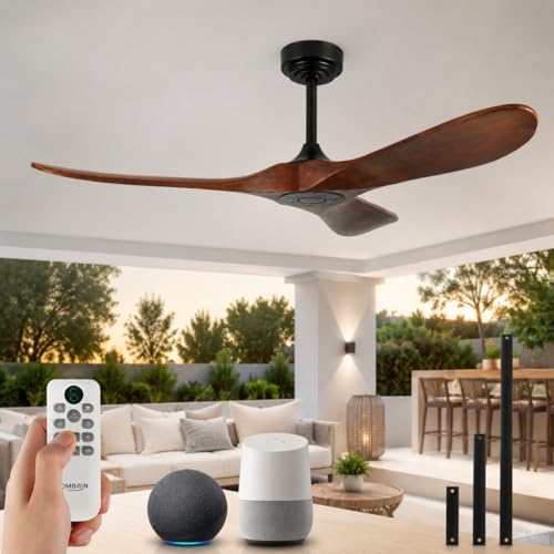 Ombrin 52 Inch Outdoor Ceiling Fans without Lights, Smart Wood Ceiling Fan no Light with Remote Control Alexa Compatible, Outdoor Fan for Patios 3 Blades High CFM Ceiling Fans Dark Red Walnut