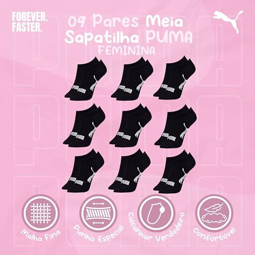 PUMA Kit 9 Pares Meia Invisível Sapatilha Adulto Feminina, 9 Preto, 34-39