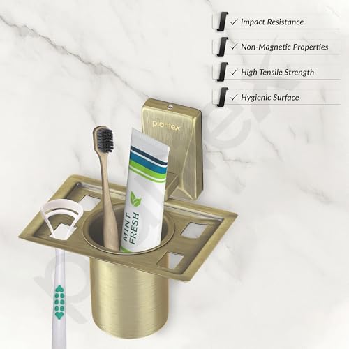 Image of Plantex 304 Grade Stainless Steel Tumbler Holder /Tooth Brush Holder for Bathroom - Crystal (Brass Antique)