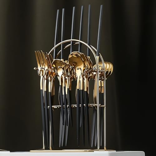 Image of BonZeaL Stainless Steel 24 Pieces Black Gold Cutlery Set with Stand for 6 Person Mirror Finish Flatware Set for Dining Table Hotel Cafe Bar Restaurant Premium House Warming Gifts for New Home Kitchen