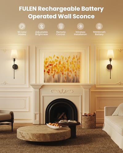 Image of FULEN Wall Sconces Battery Operated Set of Two,18 Colors Cordless Wall Lights with Remote LED Indoor Wall Sconce Dimmable Detachable Bulbs,10000mAh Rechargeable Wall Lamps for Bedroom Living Room
