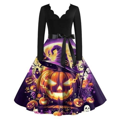 OIOLOYJM Sexy Plus Size Halloween Costumes Woman 2025 Long Sleeve V Neck Printed Gothic Retro Formal Party Dresses for Women
