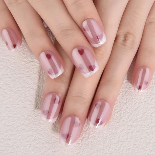 Pink Glazed French Press on Nails, Short Square, Heart Symbol Designs
