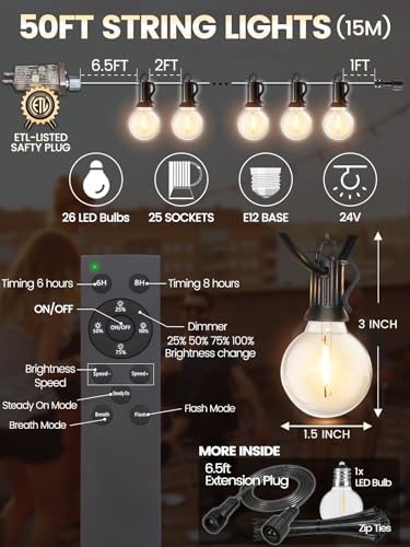 50FT LED Outdoor Patio String Lights with Remote - Dimmable, Waterproof G40 Globe Bulbs for Christmas and Outdoor Decor - SOLROS