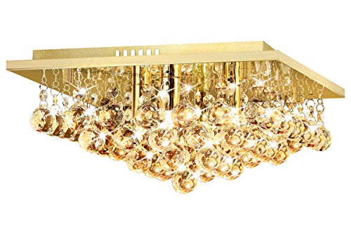 Long Life Lamp Company Modern Flush Square Chandelier Ceiling Light Crystal Droplets Gold Effect Base M0142F with 4 x 3w G9 Warm