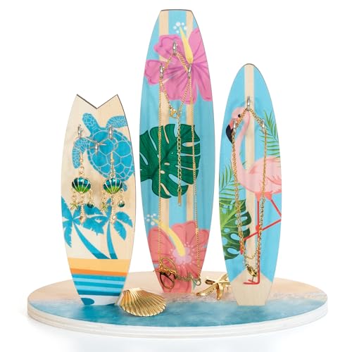 Surfboard Jewelry Holder Stand- Unique Coastal Christmas Beach Home Decor, Ocean-Themed Bathroom Decor, Cute Bracelet Ring Earrings Jewelry Organizer for Teen Girls, Wooden Preppy Hawaii Surfer Gift