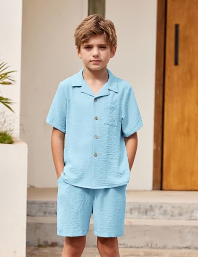 Image of Arshiner Boys 2 Pieces Summer Beach Outfits Short Sleeve Button Down Shirts and Shorts Vacation Texture Sets for Kids