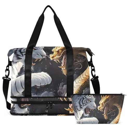 ALAZA Sports Duffel Bags with Toiletry Bag Set,Tiger Dragon Travel Duffel Bags Multi Pockets Weekend Bag