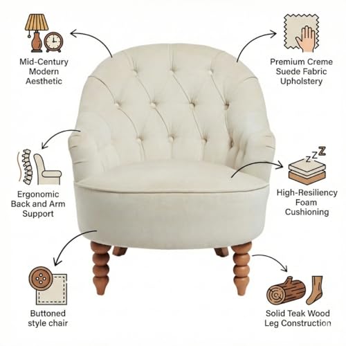 Image of Kingsman Furnitures Luxury Loriel Ashley Single Seater Sofa for Living Room | 1 Seater Tufted Wing Chair Sofa with Padded Arms | Medium Back Arm Chair Velvet Lounge Sofa Chair - Cream Linen Fabric