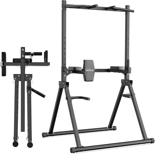 DH FitLife Power Tower Pliable Station de Dips jusqu'à 210 kg | Barre de Tractions Autonome avec Barres de Dips et Rétro-entraîneur | Station de Musculation...