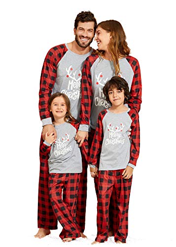 IFFEI Matching Family Pajamas Sets Christmas PJ's with Letter and Plaid Printed Long Sleeve Tee and Pants Loungewear (Large, Grey-Men)