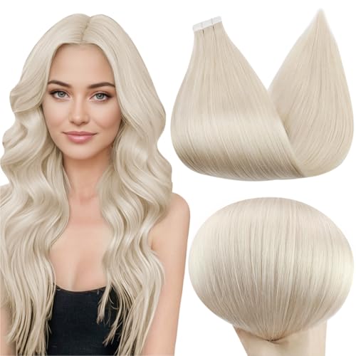 Image of Full Shine Tape in Extensions Human Hair, Platinum Blonde 16 Inch | 100g 40PCS, Seamless Skin Weft Hair Extensions Tape In, Double Sided Design Brazilian Style Skin Weft Natural Finish