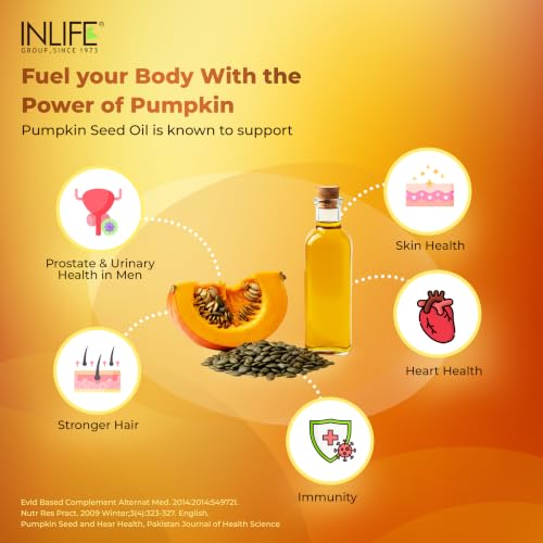 Image of INLIFE Pumpkin Seed Oil, Extra Virgin Cold Pressed, Plant Based Phytosterols, Hair & Prostate Health, Men Women, 60 Veg Capsules