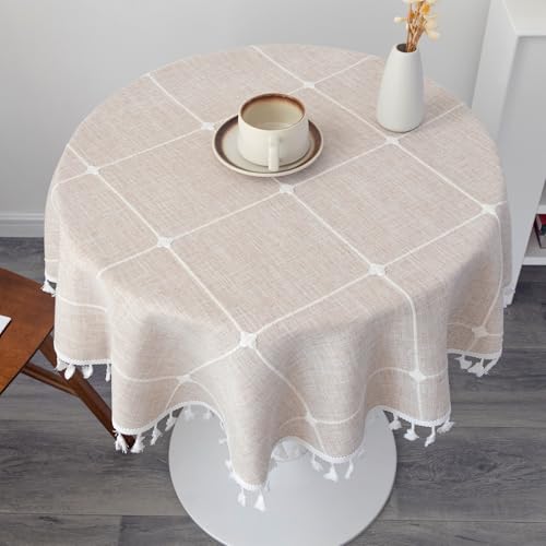 YZKITM Cotton Linen Small Round Tablecloth 36 Inch Boho Wrinkle Free Washable Plaid Table Cover with Tassels Brown Farmhouse Rustic Heavy Weight Table Cloths for Party Dining Room Wedding by YZKITM - Used condition - Image 2