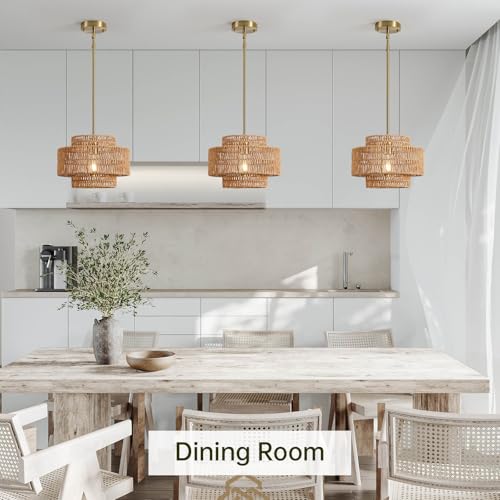 InterMaka 12.4” Boho Rattan Chandelier Light Fixture, 1-Light Hand Woven Pendant Light Fixture Farmhouse Rustic Hanging Lamp for Kitchen Island Bedroom, Dining Room, Living Room, Entryway, Foyer