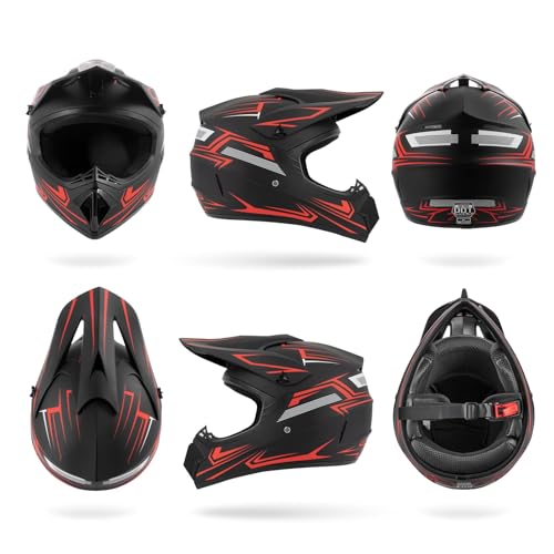 Youth Kids Dirt Bike Motocross Helmet (Goggles Gloves Face Mask) 4PCS Set, DOT Approved Boys Girls Full Face Motorcycle Helmets, ATV BMX MX Mountain Bike Off Road Kid Helmet (Red, S)