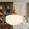 Vintage Brass Milk Glass Pendant Light Fixture, 13.8" White Pleated Glass Chandelier, Antique Pendant Lights, for Kitchen Island Lighting, Hallway, Bedroom, Dining Room, Foyer, E26 Bulb Included