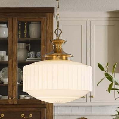 Vintage Brass Milk Glass Pendant Light Fixture, 13.8" White Pleated Glass Chandelier, Antique Pendant Lights, for Kitchen Island Lighting, Hallway, Bedroom, Dining Room, Foyer, E26 Bulb Included