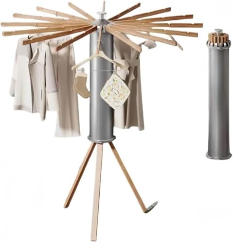 Barino 衣類乾燥ラック 洗濯物干し 室内物干し 折りたたみ式 ポータブル 省スペース 格納式乾燥 360度回転乾燥 三角形サポート 床置き乾燥 洗濯物干し パラソル型 折りたたみ コンパクト収納 省スペース オープン時 タコの形 (木製,グレー) [