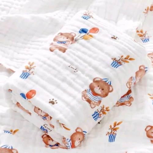 Image of Kassy Pop Muslin Cotton Bath Towel Cum Baby Swaddler | Extra Soft Towels for Newborn 0 to 3 Years l 100% Organic Cotton wash Towel | 105 X 105 cm (Teddy Ballon Print)