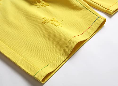 Enrica Men's Casual Colorful Printed Slim Fit Ripped Denim Shorts(F908 White&Yellow, 32) #TOP4