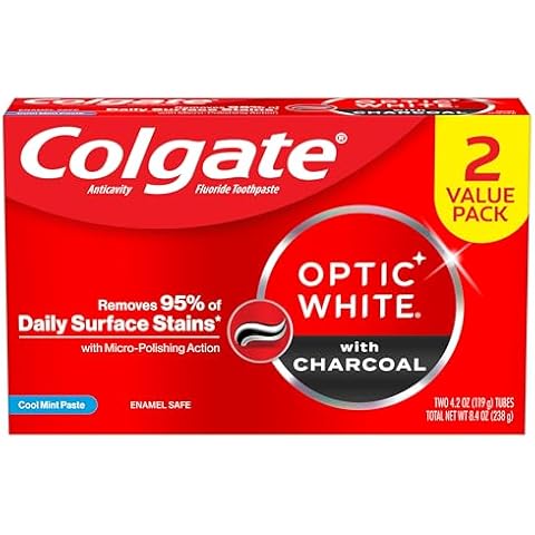 Colgate Optic White Charcoal Whitening Toothpaste, Cool Mint, Enamel-Safe with Fluoride, 2 Pack 4.2oz Tubes Cover