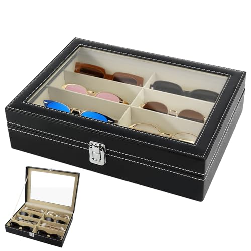 VFANDV Organizador Gafas de Sol con 8 Compartimentos, Expositor Gafas de Sol con Ventana de Visualización, Caja Gafas de Piel Sintética para Hombres y Mujeres (Negro)