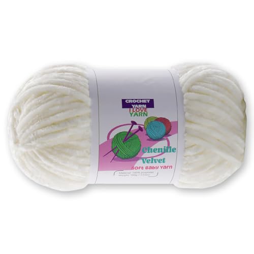 Image of Chenille Velvet Yarn for Crocheting, White Fuzzy Fluffy Yarn for Crochet | 1 Pack of 3.5 Oz /131.2 Yds Bulky Thick Chunky Yarn for Crocheting, Soft Amigurumi Yarn for knitting Baby Blankets, Scarves