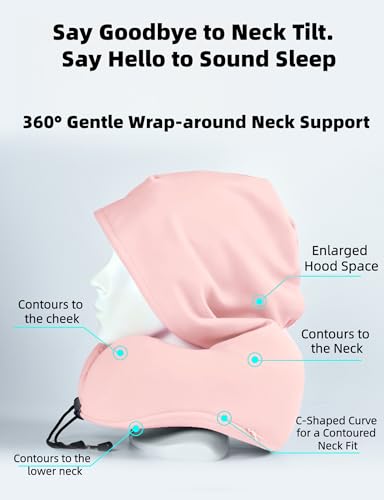 Image of Travel Neck Pillow with Extra Large Hood Rollable Airplane Hooded Neck Pillow with Memory Foam Filling and Removable, Skin-Friendly Cover with a Carrying Case & Pouch (Velvet)