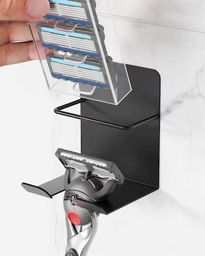 pickpiff Razor Holder with Razor Blades Refills Storage, Self-Adhesive Stainless Shaver Hook Wall Mouthed, Bathroom Shower Accessories, Black, Single
