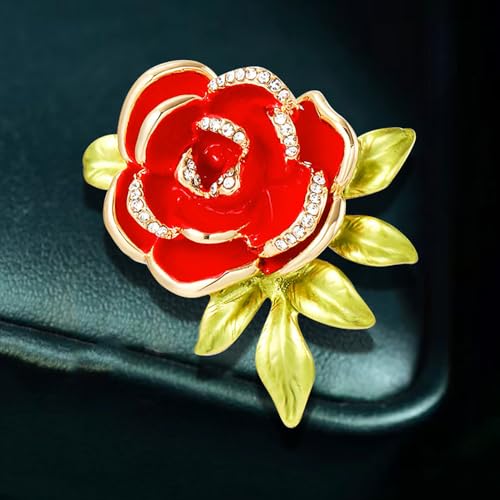 Image of Dainty Rose Flower Leaf Brooch Pin for Women Unisex Elegant Enamel Crystal 3D Floral Dainty Dress Accessories Birthday Holiday Jewelry Gift