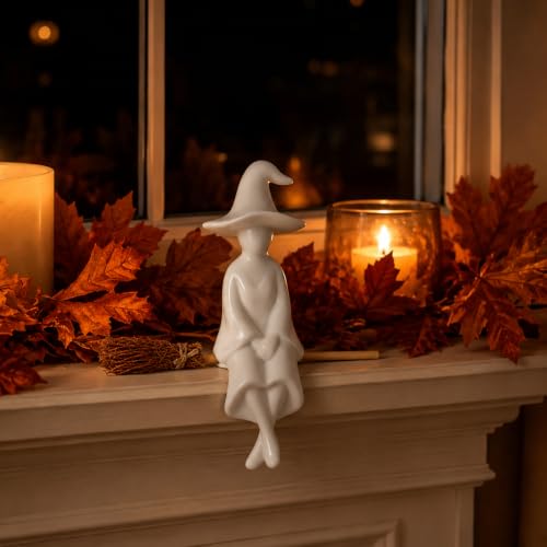 Image of White Witch Sitting on Broom Decor, Witch Figurine Shelf Sitter,