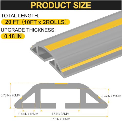 Image of MYFAMIREA 20FT Floor Cord Cover Heavy Duty Cable Cover Protector 3 Channels Extension PVC Floor Wire Cover Outdoor Cord Hider Management Cord Cover for Wire on Floor Home Outdoor (2PCS 10FT, Grey)