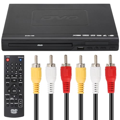 Zjyufy Leitor de DVD para TV | Leitor EVD 1080P com saída AV, reprodutor de VCD USB multifuncional com controlo remoto, 8,8 x 8,8 x 2,9 polegadas