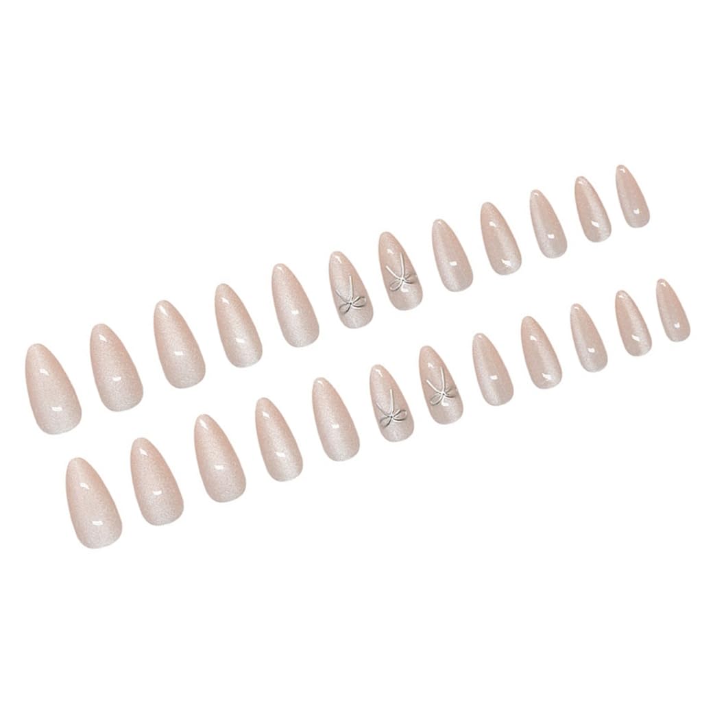 24pcs Almond French Artificial Nails With Elegant Bows Designs Glossy Full Covers Stick on Nails