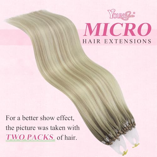YoungSee Micro Rings Hair Extensions 24 inch Blonde Micro Beads Hair Extensions Balayage Ash Blonde Ombre Platinum Blonde Microloop Hair Extensions for Women Long Straight 50g Cold Fusion 50g - Image 2