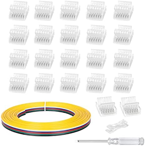 Hokimder 20 Pack 6 Pin RGB Led Light Strip Connectors, 12mm Waterproof LED Light Strip Track Lighting Connectors with 16.4ft LED Wire Strip Lights (with Connector Pry and Screwdriver)