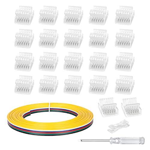 Hokimder 20 Pack 6 Pin Rgb Led Light Strip Connectors, 12Mm Waterproof Led Light Strip Track Lighting Connectors With 16.4Ft Led Wire Strip Lights (With Connector Pry And Screwdriver) #TOP1
