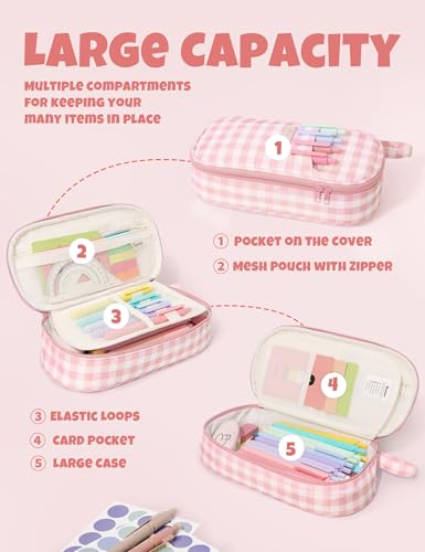 Image of SUNEE Cute Pencil Case, Large Colored Pencil Pouch, Aesthetic Pen Bag with Zipper, Kawaii Stationery Storage and Organizer, School Supplies for Teen and Adult, Boys & Girls, Pink Checkered