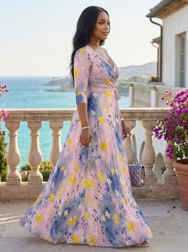 Image of Women Plus Size Long Sleeve V Neck Maxi Dress with Belt | Soft fabric relaxed fit three quarter sleeve v neck with pockets for party and daily wear
