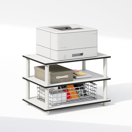 Image of Furinno JUST Toolless Printer Stand with Storage, 3-Tier Under Desk Printer Stand, Printer Table, for CPU, Office Supplies, for Study, Living Room, White
