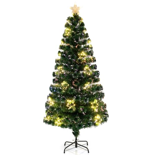 COSTWAY 4FT/5FT/6FT Pre-Lit Christmas Tree Fiber Optic Artificial Xmas Trees with Warm White Shape-Adjustable Star Lights & Top Star Christmas Decor Tree for Home Office Holiday Party (180 cm)