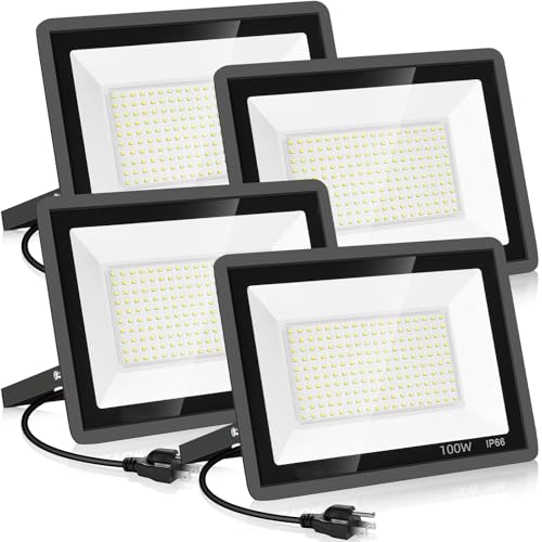 YANYCN 4 Pack 100W LED Flood Light,Super Bright Exterior Security Lights With Plug,IP66 Waterproof Outdoor Flood Light, 11600lm 5000K Daylight White Floodlight for Yard, Garden,Basketball Court, Arena