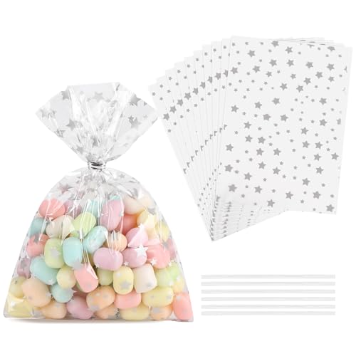 LEOSINDA 100 bolsas de celofán, bolsas de celofán transparente con estampado de estrellas plateadas, 100 lazos giratorios, para envolver regalos, dulces de embalaje, postre, panadería, galletas