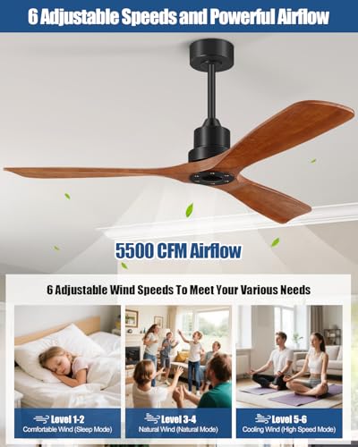 Image of Ceiling Fans With Remote Control, Outdoor Ceiling Fan for Patios Indoor, 3 Downrods, 3 Blades, Timer, 6 Speed Reversible Quiet DC Motor Modern Fan Solid Wood Fan, 52in, Brown